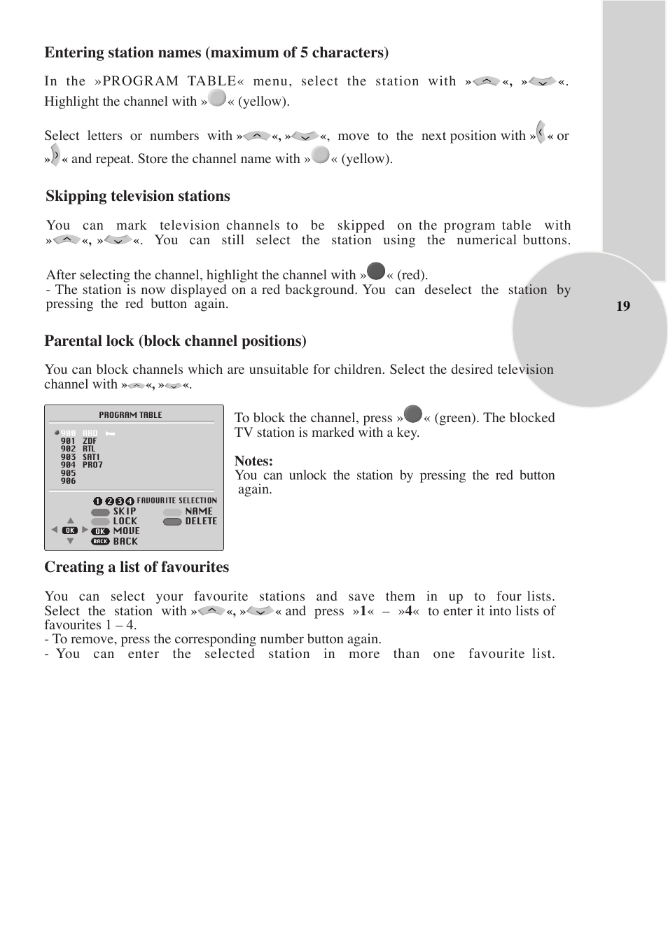 Parental lock (block channel positions), Creating a list of favourites, Entering station names (maximum of 5 characters) | Skipping television stations | Beko IDTV 28C769IDS User Manual | Page 20 / 37