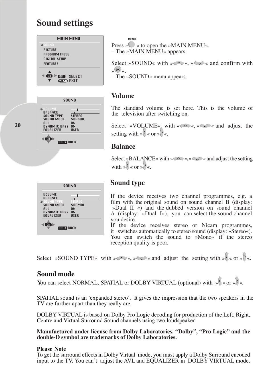 Sound settings, Sound mode, Sound type | Volume, Balance | Beko IDTV 28C769IDS User Manual | Page 21 / 37
