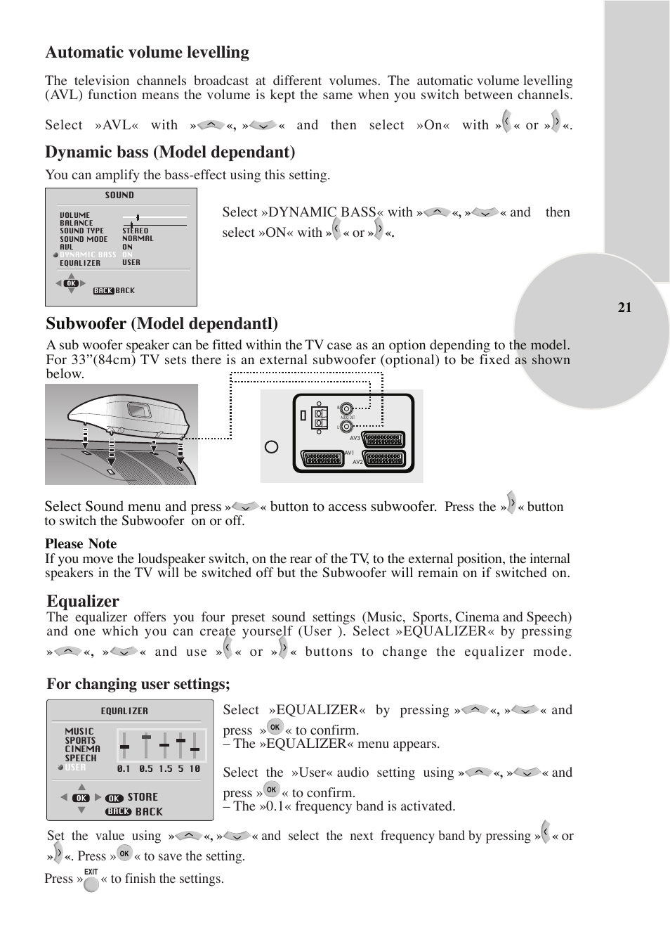 Subwoofer ( model dependant l), Automatic volume levelling, Dynamic bass (model dependant) | Equalizer, For changing user settings, Select sound menu and press, Button to access subwoofer | Beko IDTV 28C769IDS User Manual | Page 22 / 37