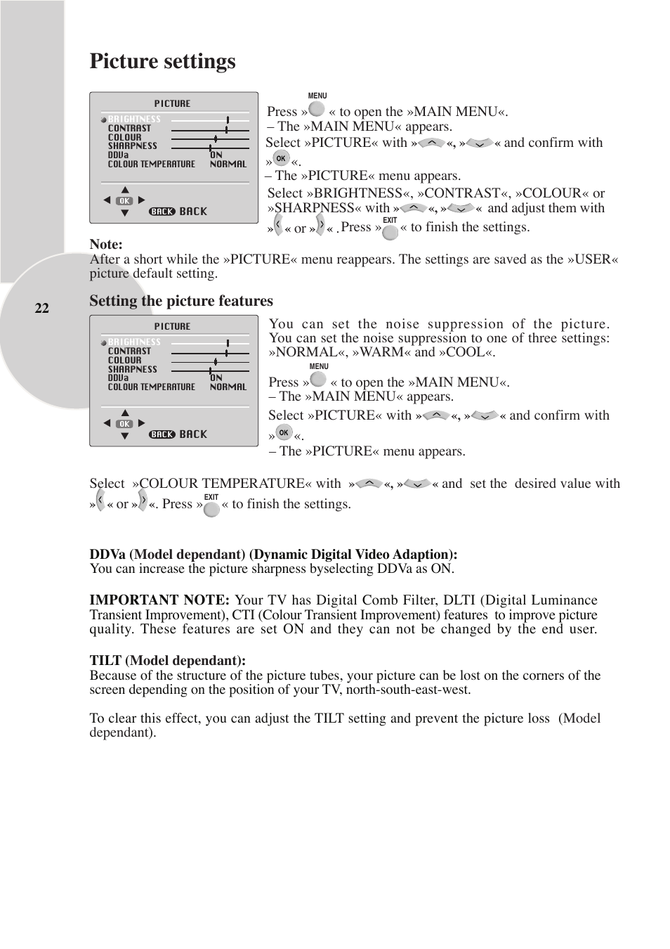 Picture settings, Setting the picture features | Beko IDTV 28C769IDS User Manual | Page 23 / 37
