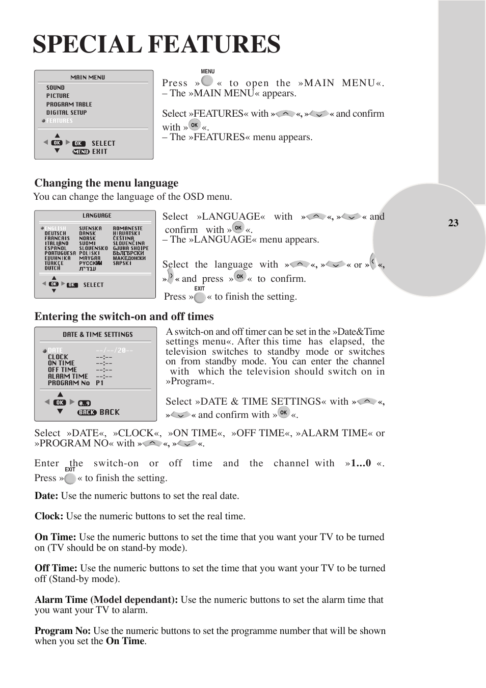 Special features, Changing the menu language, Entering the switch-on and off times | Beko IDTV 28C769IDS User Manual | Page 24 / 37
