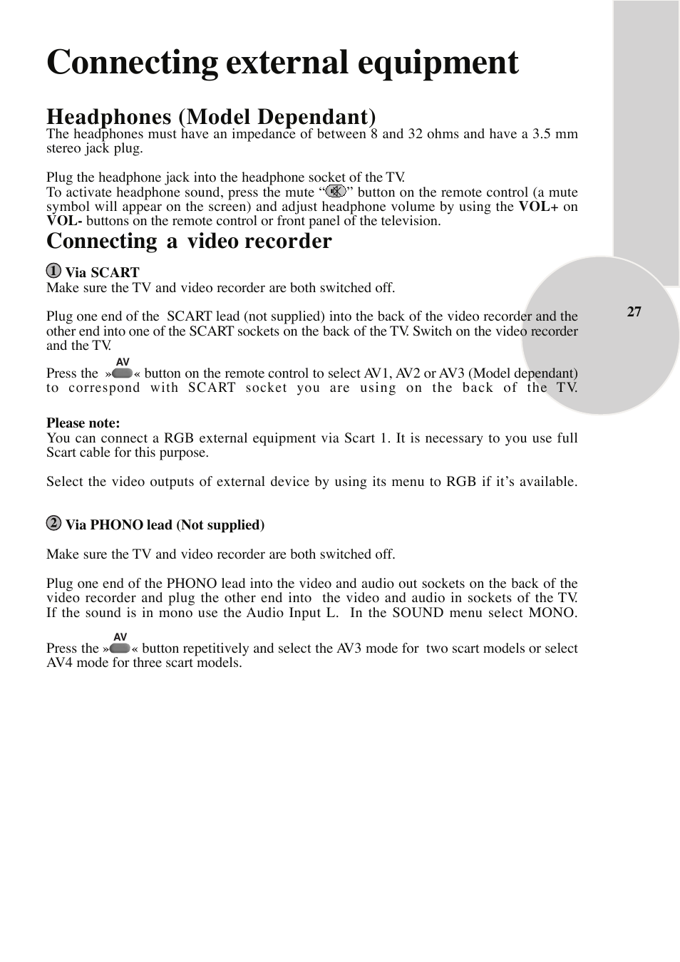 Connecting external equipment, Headphones (model dependant), Connecting a video recorder | Beko IDTV 28C769IDS User Manual | Page 28 / 37