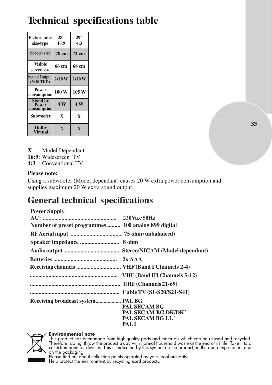 Technical specifications table, General technical specifications | Beko IDTV 28C769IDS User Manual | Page 34 / 37