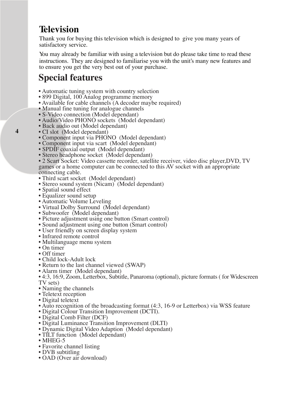 Television, Special features | Beko IDTV 28C769IDS User Manual | Page 5 / 37