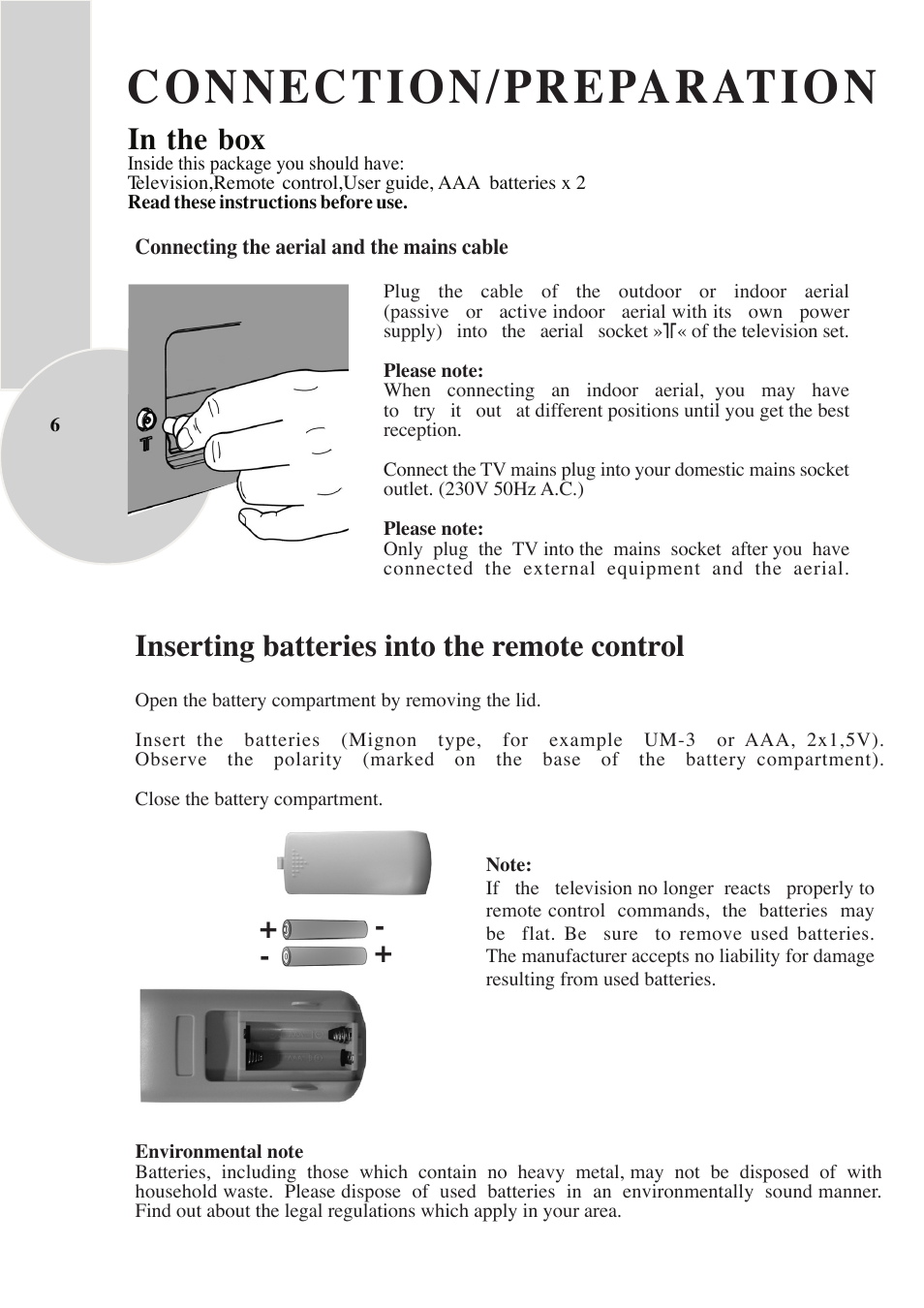 Connection/preparation, Inserting batteries into the remote control | Beko IDTV 28C769IDS User Manual | Page 7 / 37