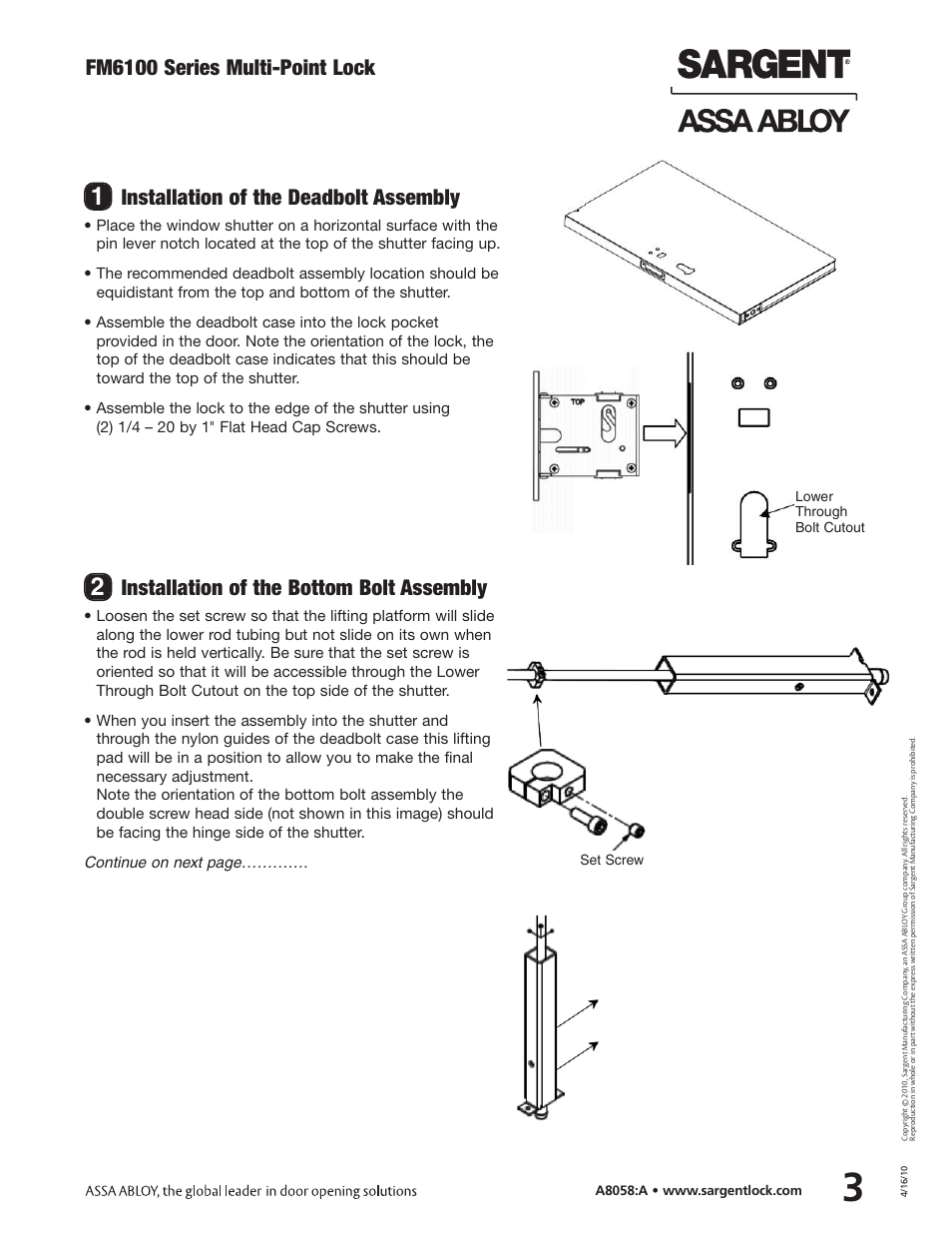 Fm6100 series multi-point lock, Installation of the deadbolt assembly, Installation of the bottom bolt assembly | Lower through bolt cutout set screw | SARGENT FM6100 Multi-Point Auto Deadlocking Storm Shutter User Manual | Page 3 / 12