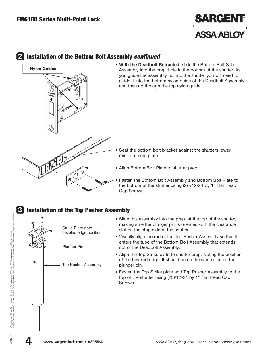 Fm6100 series multi-point lock, Installation of the top pusher assembly, Installation of the bottom bolt assembly continued | SARGENT FM6100 Multi-Point Auto Deadlocking Storm Shutter User Manual | Page 4 / 12