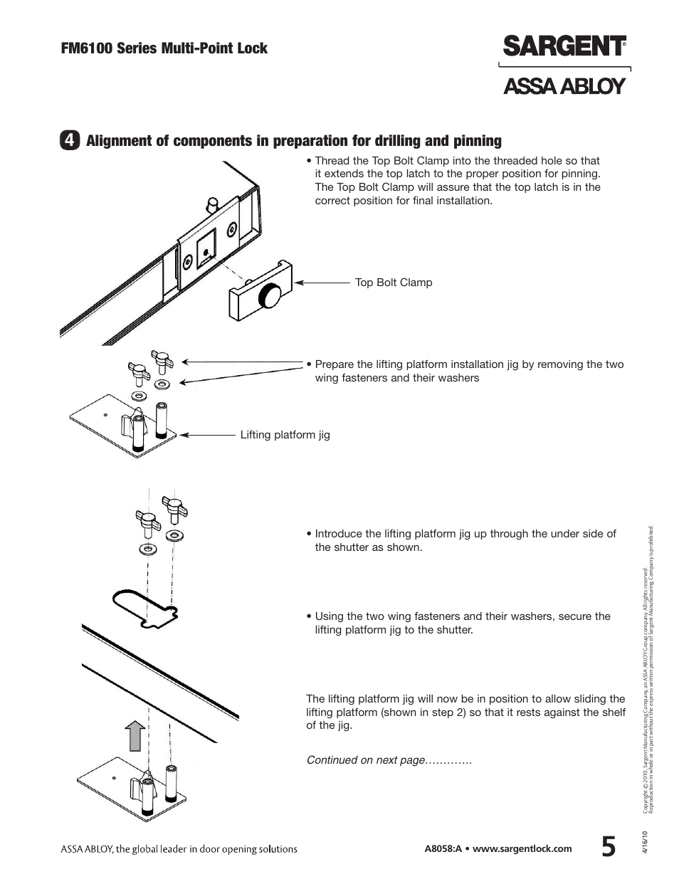 Fm6100 series multi-point lock, Top bolt clamp lifting platform jig | SARGENT FM6100 Multi-Point Auto Deadlocking Storm Shutter User Manual | Page 5 / 12