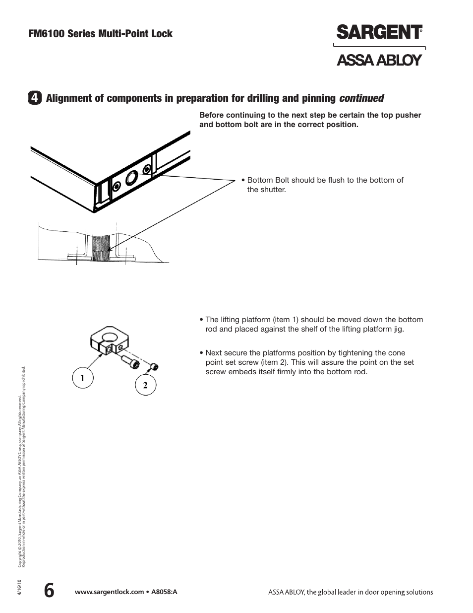 Fm6100 series multi-point lock | SARGENT FM6100 Multi-Point Auto Deadlocking Storm Shutter User Manual | Page 6 / 12