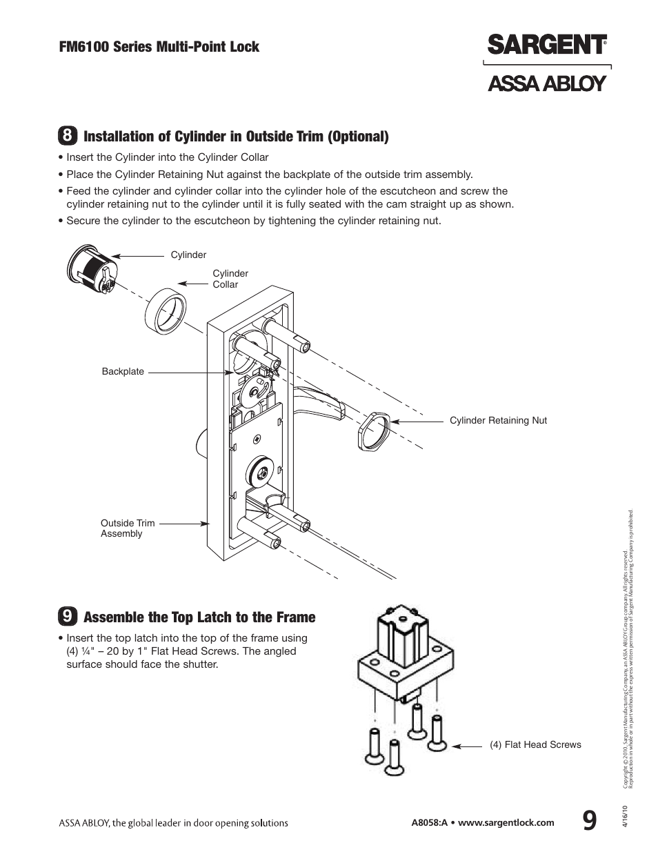 Fm6100 series multi-point lock, Assemble the top latch to the frame | SARGENT FM6100 Multi-Point Auto Deadlocking Storm Shutter User Manual | Page 9 / 12