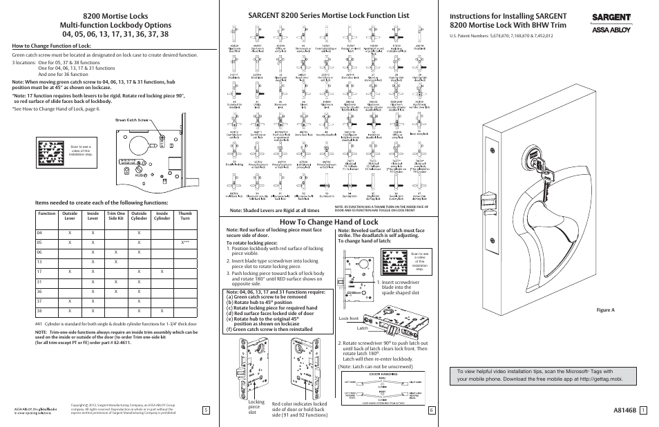 SARGENT 8200 Mortise Lock with BHW Trim User Manual | 2 pages