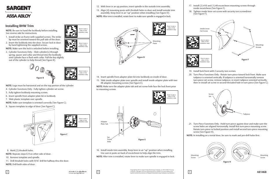 Installing bhw trim, A8146b | SARGENT 8200 Mortise Lock with BHW Trim User Manual | Page 2 / 2
