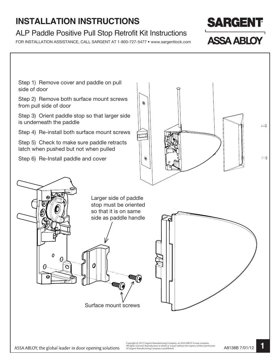 SARGENT 8200 Mortise Lock with Push/Pull Trim (ALP) User Manual | 1 page