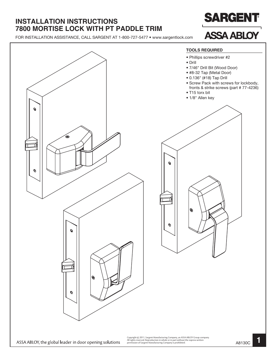 SARGENT 7800 Mortise Lock with Push/Pull Trim (PT) User Manual | 4 pages