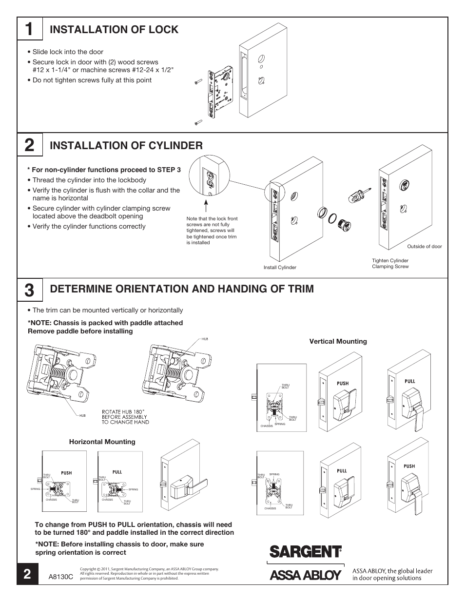 Installation of lock, Determine orientation and handing of trim, Installation of cylinder | Page 2b | SARGENT 7800 Mortise Lock with Push/Pull Trim (PT) User Manual | Page 2 / 4