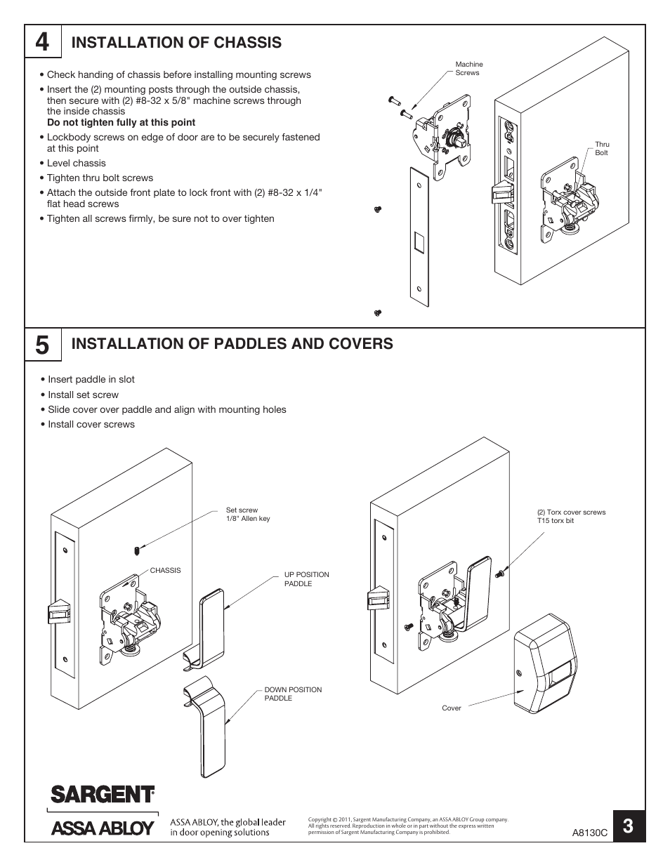 Installation of chassis, Installation of paddles and covers | SARGENT 7800 Mortise Lock with Push/Pull Trim (PT) User Manual | Page 3 / 4