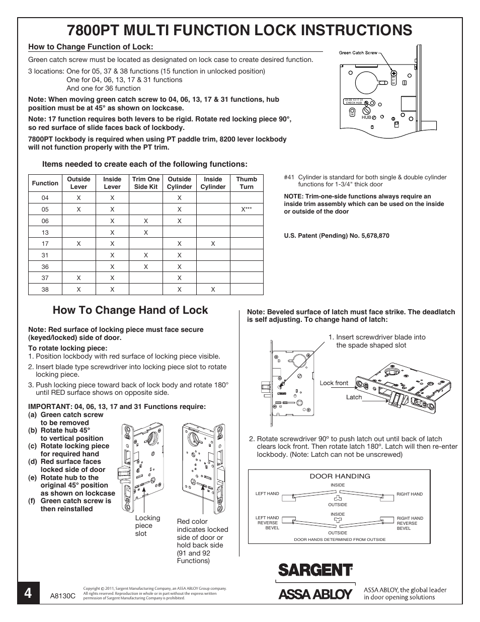 7800pt multi function lock instructions, How to change hand of lock | SARGENT 7800 Mortise Lock with Push/Pull Trim (PT) User Manual | Page 4 / 4