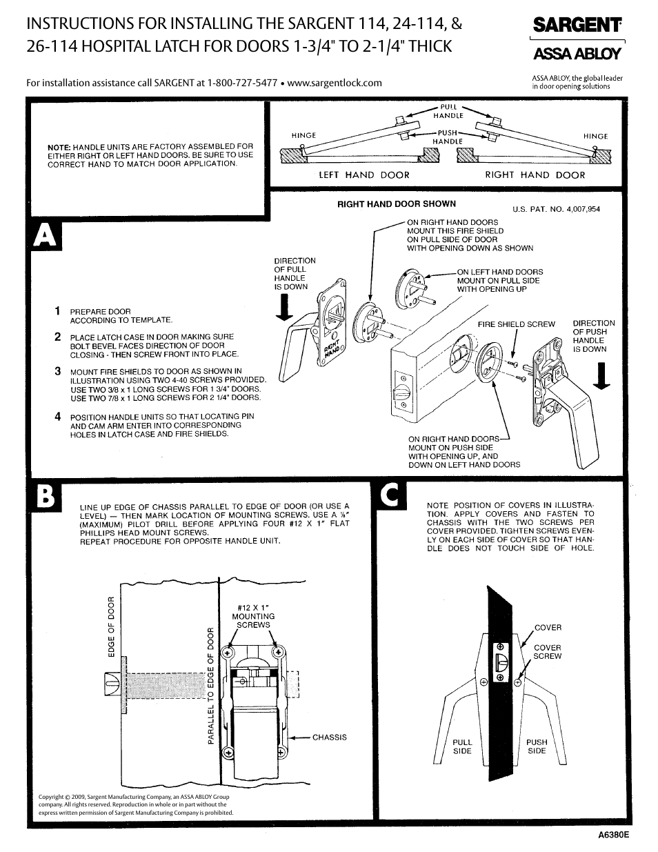 SARGENT 115 Hospital Latches for Push-Pull Doors User Manual | 1 page