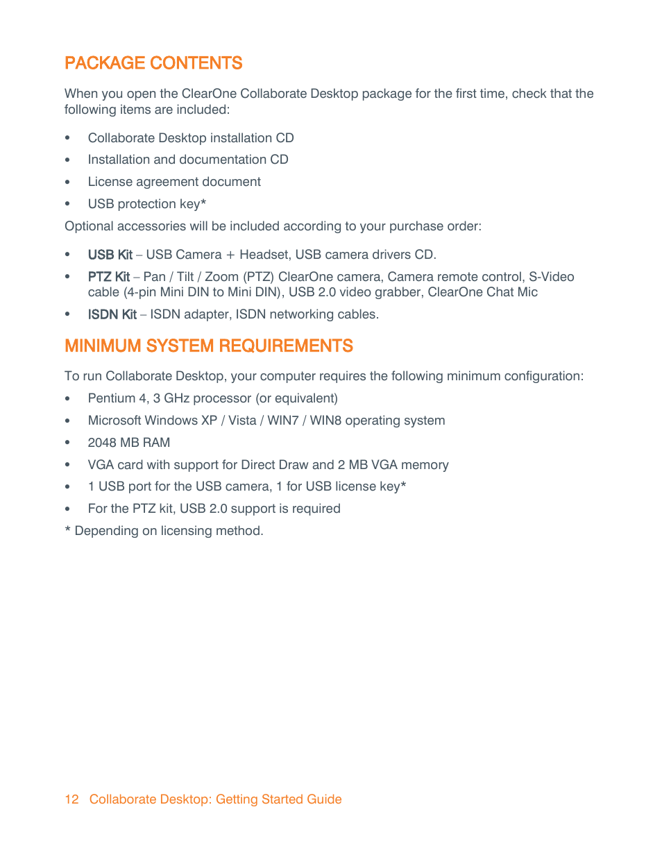 Package contents, Minimum system requirements | ClearOne Collaborate Desktop Quick-Start User Manual | Page 12 / 28
