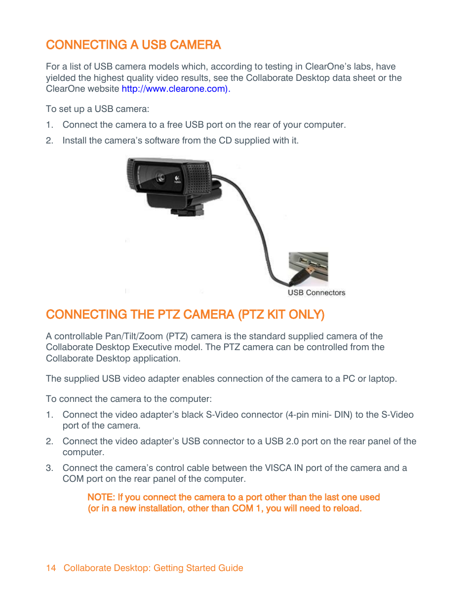 Connecting a usb camera, Connecting the ptz camera (ptz kit only) | ClearOne Collaborate Desktop Quick-Start User Manual | Page 14 / 28