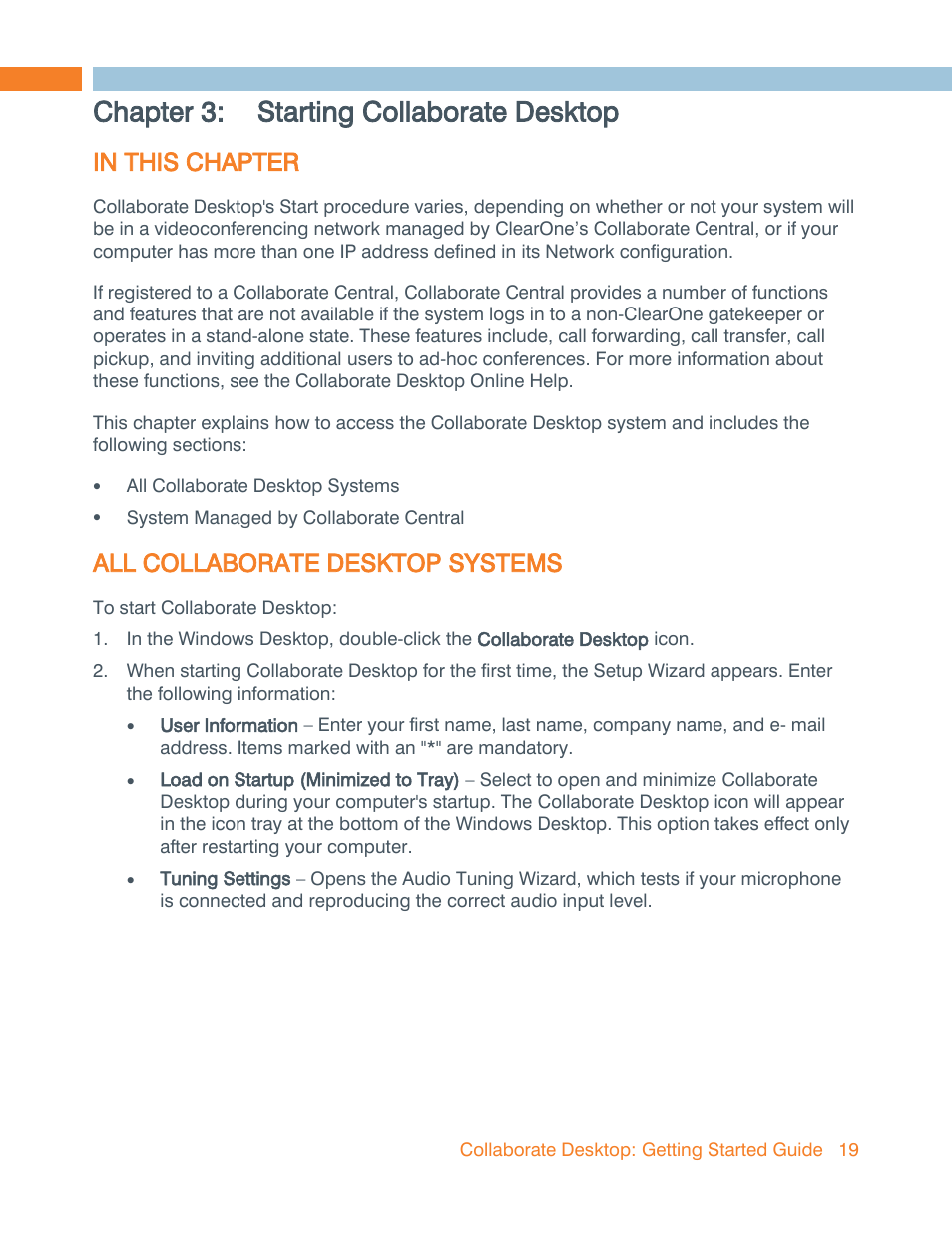 Chapter 3: starting collaborate desktop, In this chapter, All collaborate desktop systems | Chapter 3, Starting collaborate desktop | ClearOne Collaborate Desktop Quick-Start User Manual | Page 19 / 28