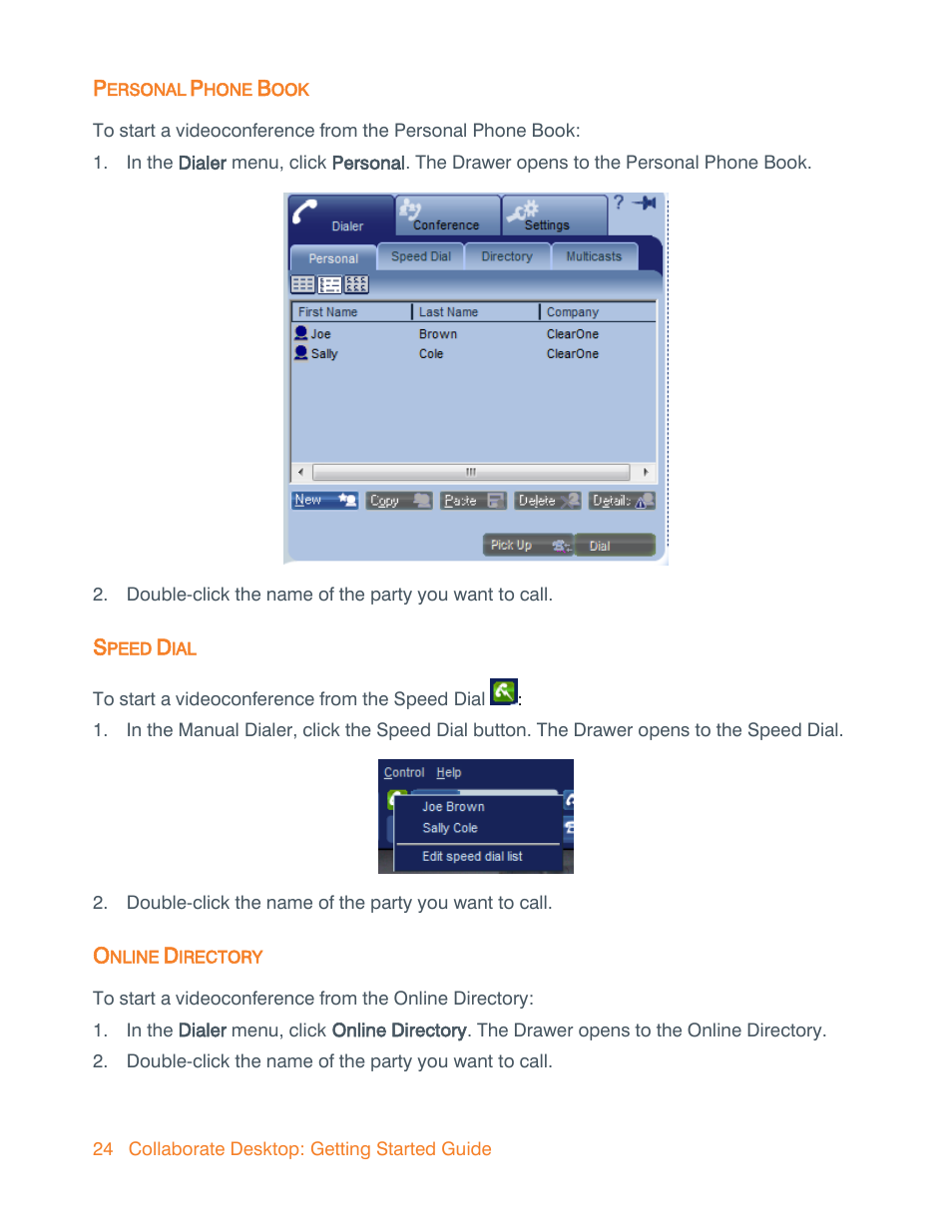 Personal phone book, Speed dial, Online directory | ClearOne Collaborate Desktop Quick-Start User Manual | Page 24 / 28