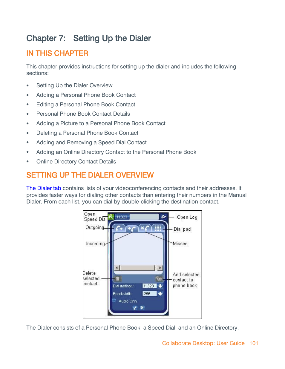 Chapter 7: setting up the dialer, In this chapter, Setting up the dialer overview | Chapter 7, Setting up the dialer | ClearOne Collaborate Desktop User Guide User Manual | Page 101 / 153