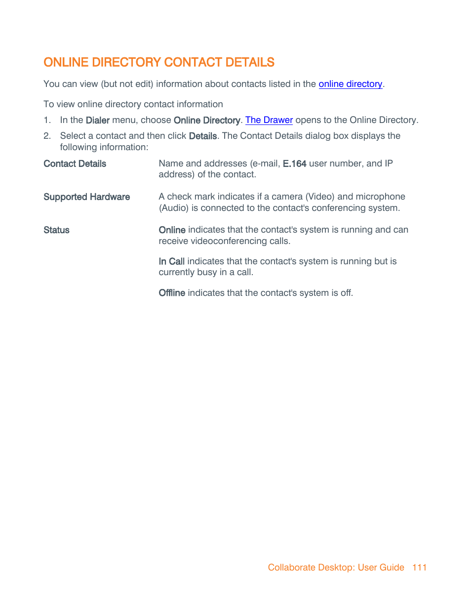 Online directory contact details, View, Information about a contact | View contact information | ClearOne Collaborate Desktop User Guide User Manual | Page 111 / 153