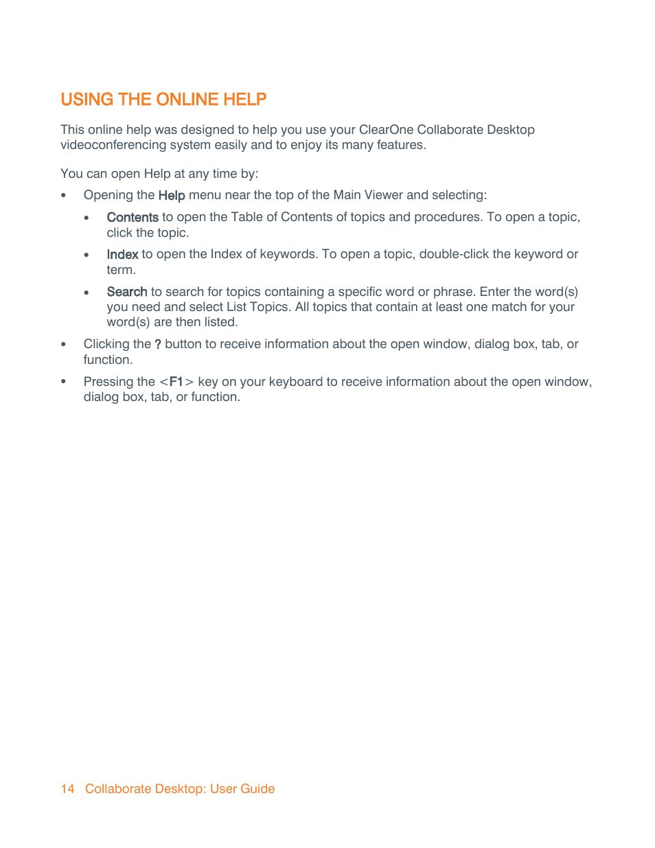 Using the online help | ClearOne Collaborate Desktop User Guide User Manual | Page 14 / 153