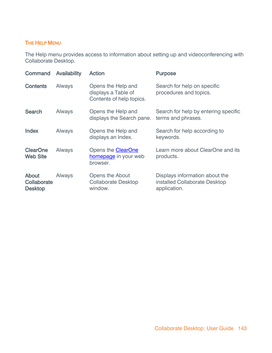 The help menu, Help | ClearOne Collaborate Desktop User Guide User Manual | Page 143 / 153