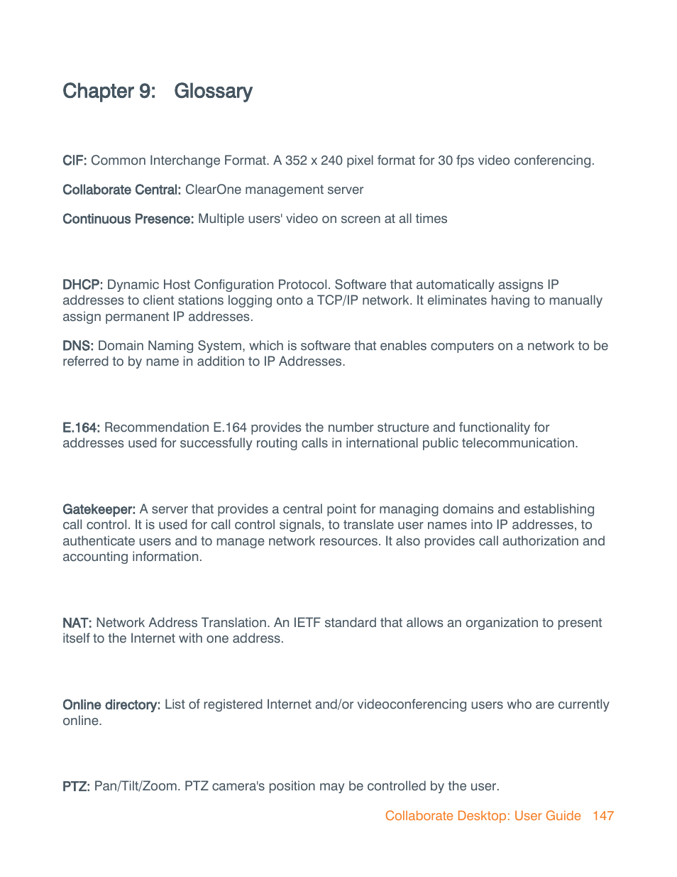 Chapter 9: glossary, Chapter 9, Glossary | ClearOne Collaborate Desktop User Guide User Manual | Page 147 / 153