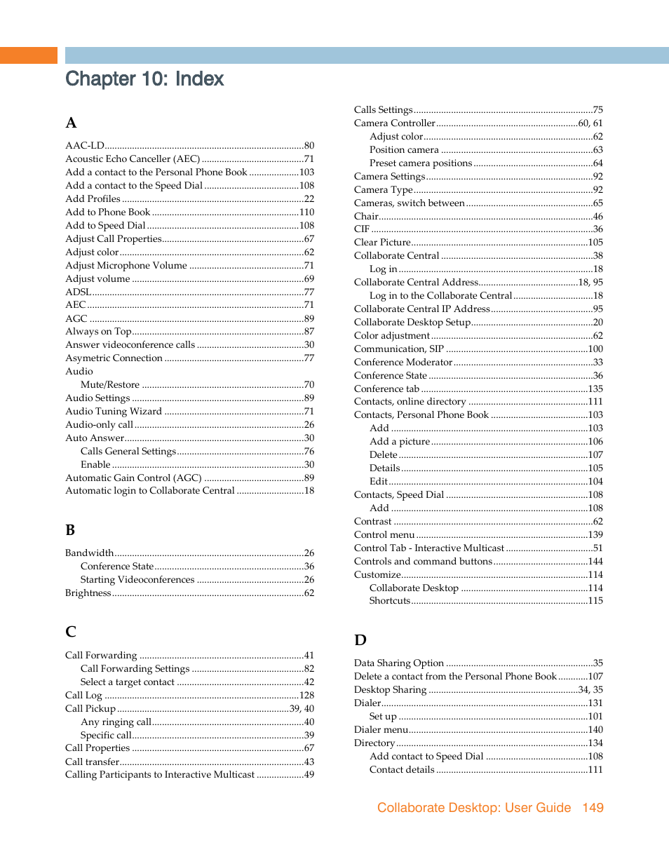 Chapter 10: index, Chapter 10, Index | ClearOne Collaborate Desktop User Guide User Manual | Page 149 / 153