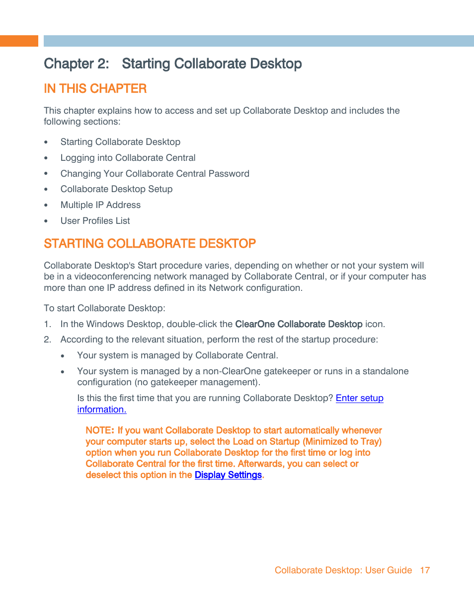 Chapter 2: starting collaborate desktop, In this chapter, Starting collaborate desktop | Chapter 2 | ClearOne Collaborate Desktop User Guide User Manual | Page 17 / 153