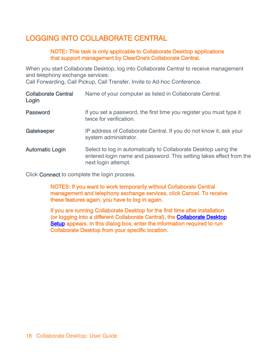 Logging into collaborate central | ClearOne Collaborate Desktop User Guide User Manual | Page 18 / 153