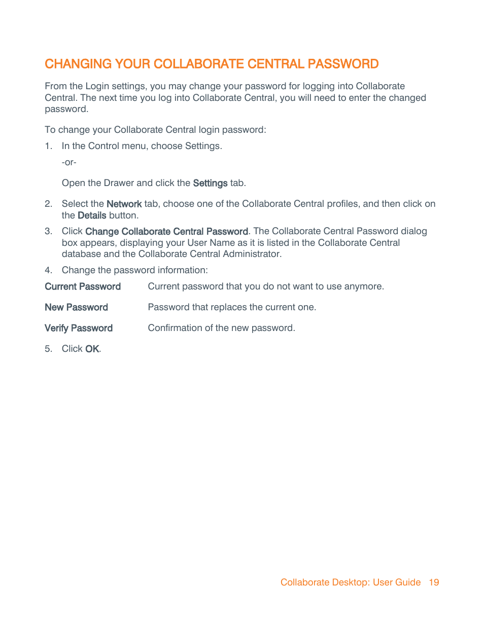 Changing your collaborate central password | ClearOne Collaborate Desktop User Guide User Manual | Page 19 / 153