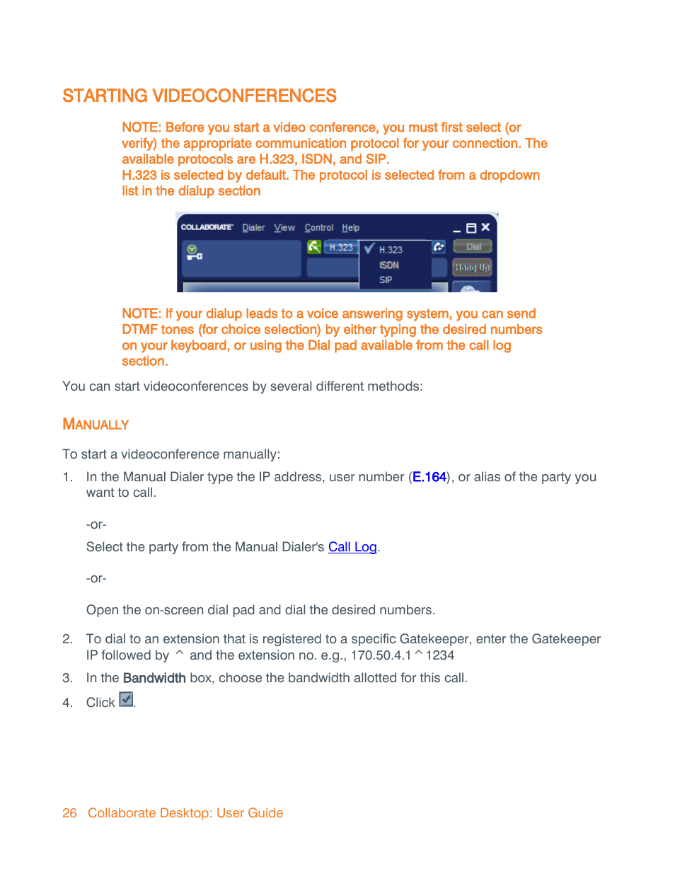 Starting videoconferences, Manually, Starting (dialing) a videoconference | ClearOne Collaborate Desktop User Guide User Manual | Page 26 / 153