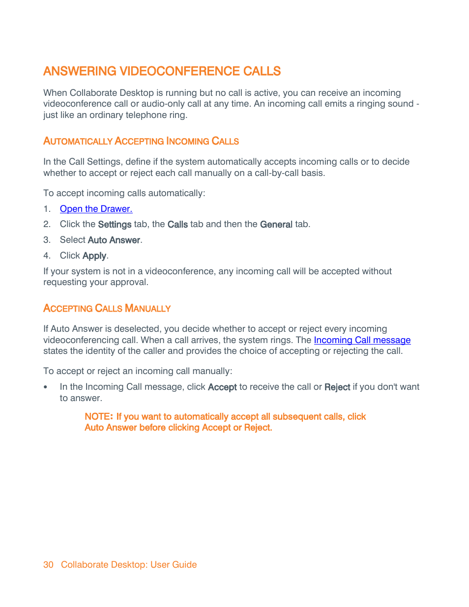 Answering videoconference calls, Automatically accepting incoming calls, Accepting calls manually | Answering an incoming videoconference | ClearOne Collaborate Desktop User Guide User Manual | Page 30 / 153