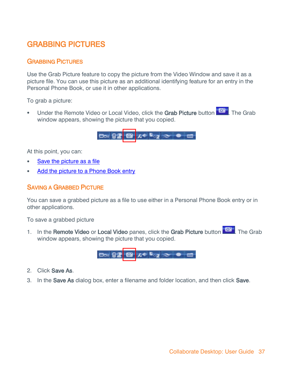 Grabbing pictures, Saving a grabbed picture | ClearOne Collaborate Desktop User Guide User Manual | Page 37 / 153