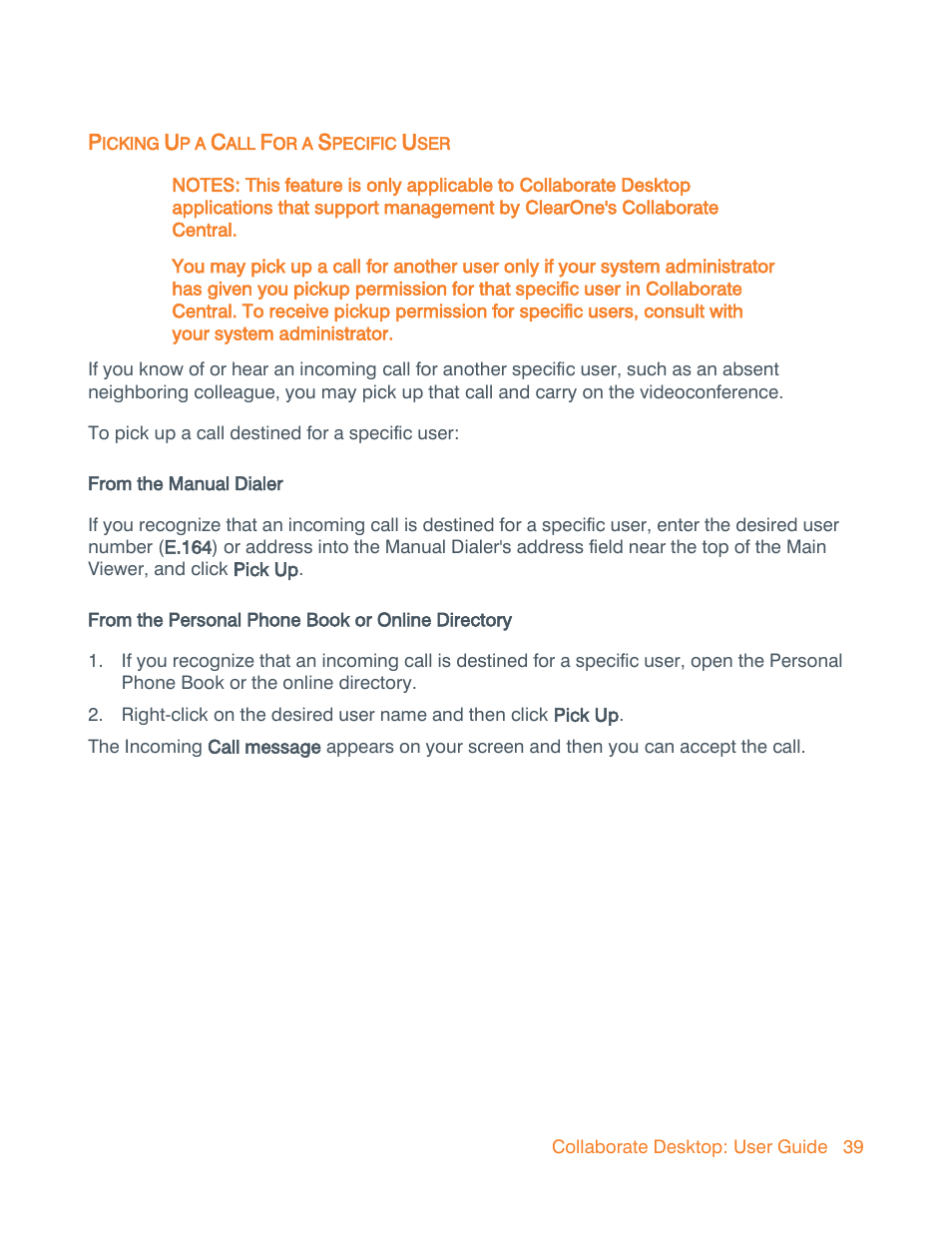 Picking up a call for a specific user | ClearOne Collaborate Desktop User Guide User Manual | Page 39 / 153