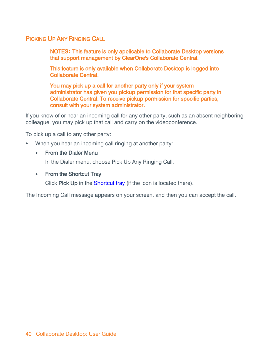 Picking up any ringing call, Picking up any call | ClearOne Collaborate Desktop User Guide User Manual | Page 40 / 153