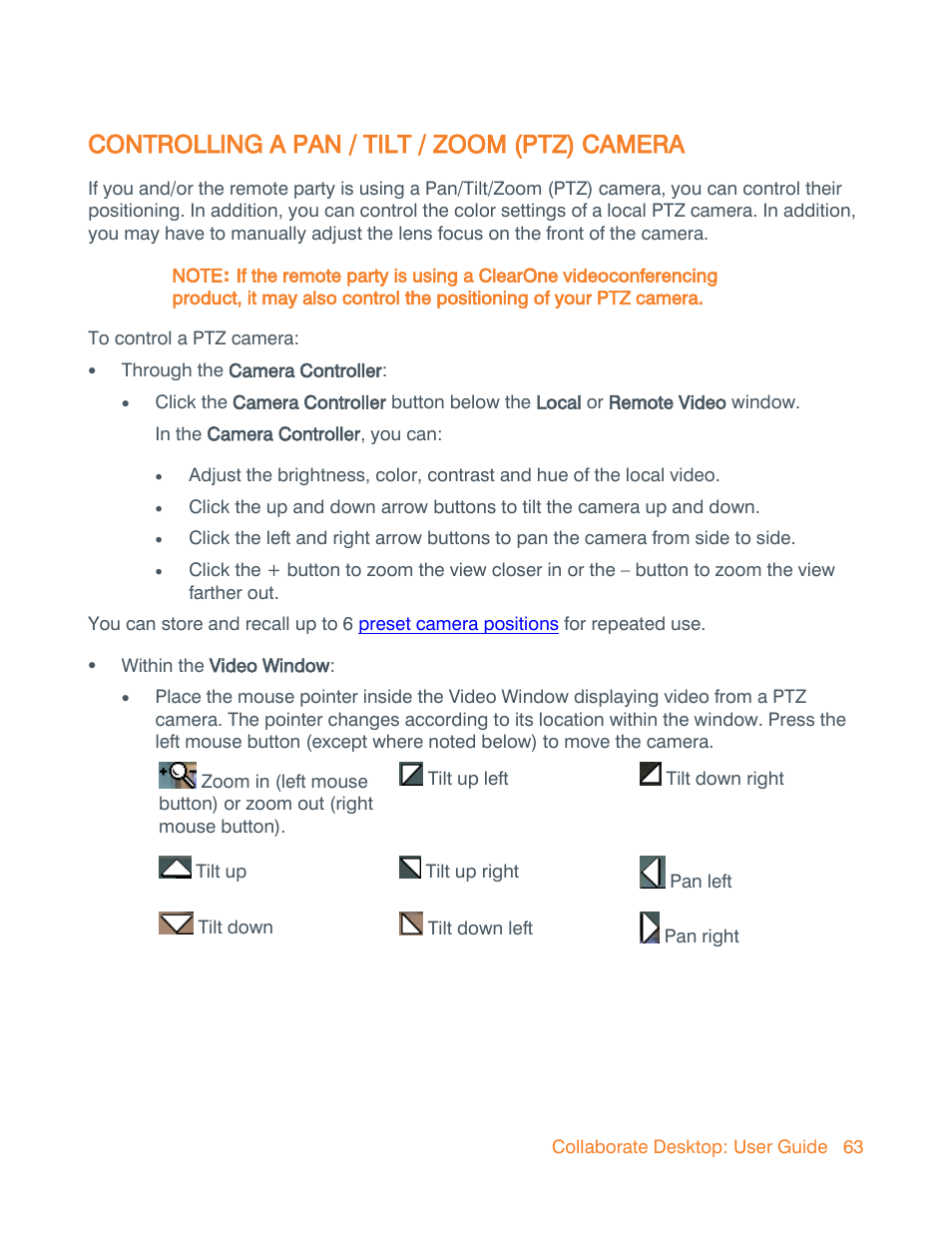 Controlling a pan / tilt / zoom (ptz) camera, Control camera positioning | ClearOne Collaborate Desktop User Guide User Manual | Page 63 / 153