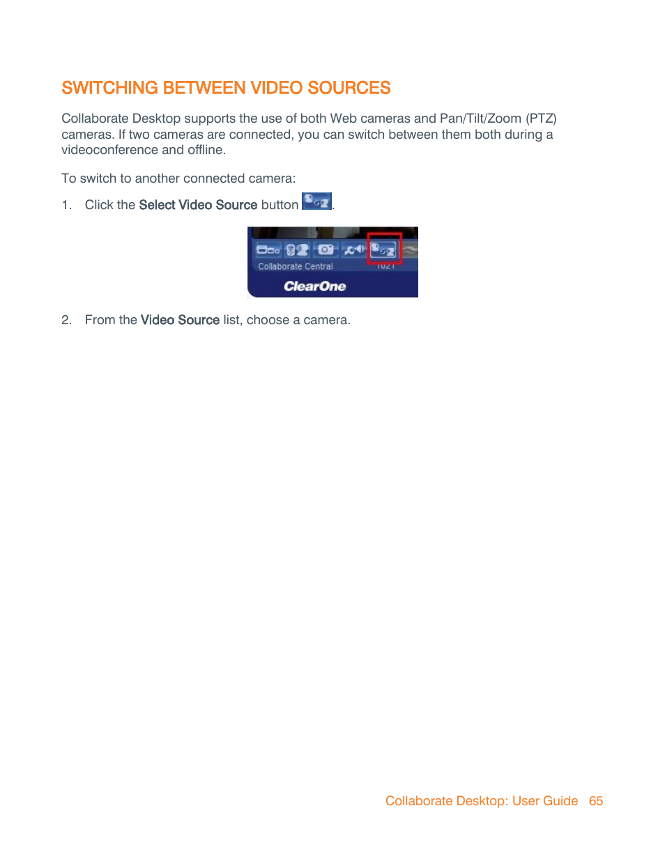 Switching between video sources | ClearOne Collaborate Desktop User Guide User Manual | Page 65 / 153