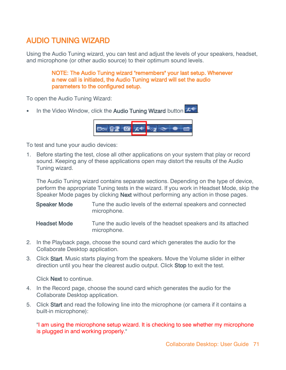 Audio tuning wizard | ClearOne Collaborate Desktop User Guide User Manual | Page 71 / 153