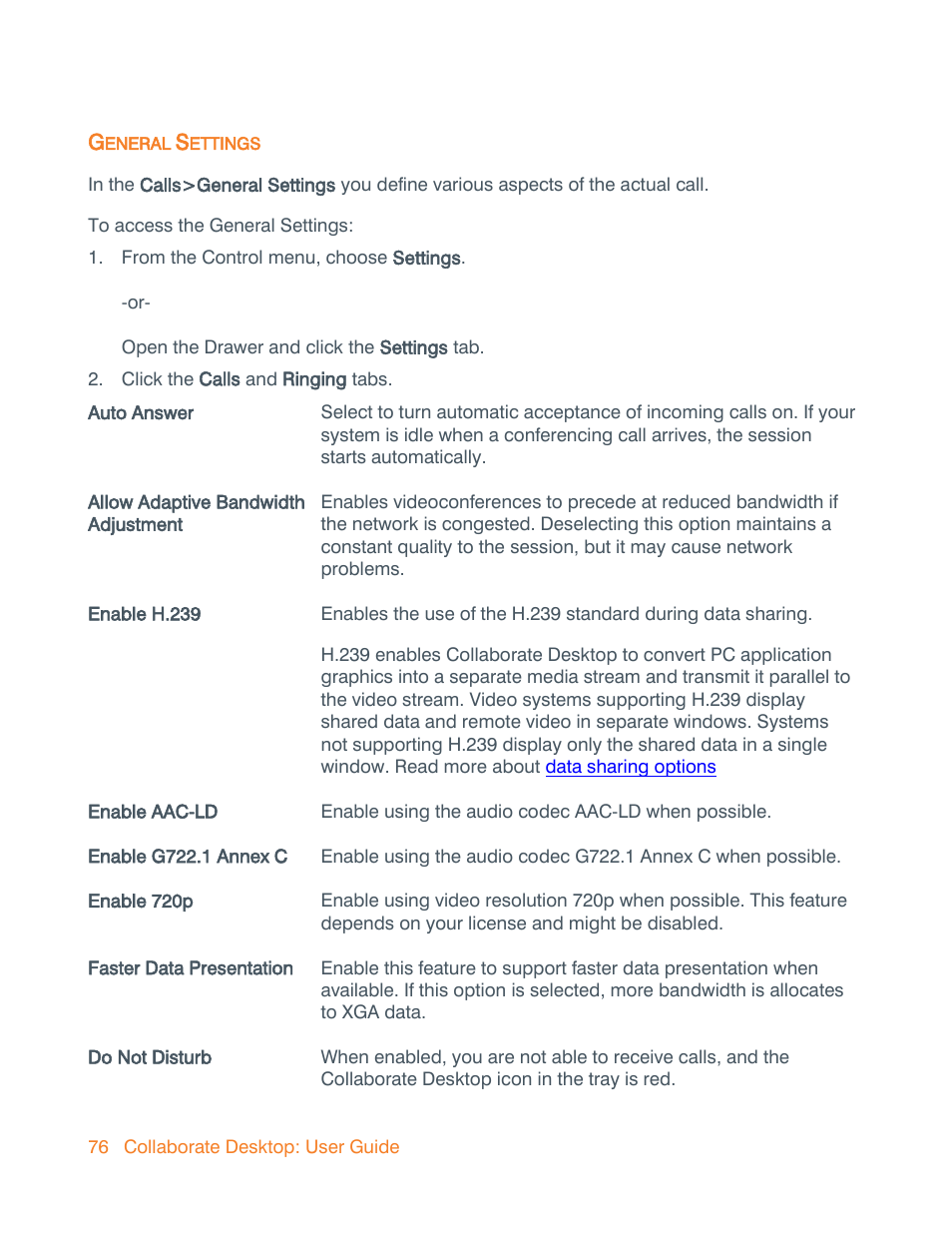 General settings, Enable h.239 support, General | ClearOne Collaborate Desktop User Guide User Manual | Page 76 / 153