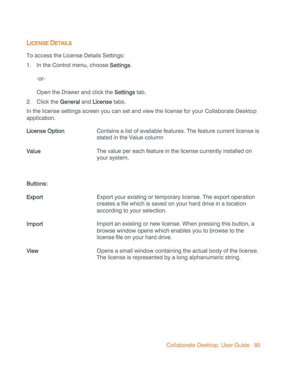 License details, License settings | ClearOne Collaborate Desktop User Guide User Manual | Page 85 / 153