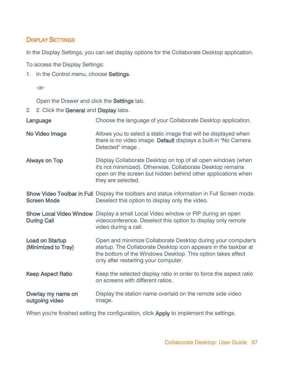 Display settings | ClearOne Collaborate Desktop User Guide User Manual | Page 87 / 153