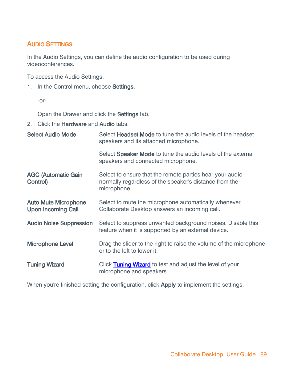 Audio settings, Audio | ClearOne Collaborate Desktop User Guide User Manual | Page 89 / 153