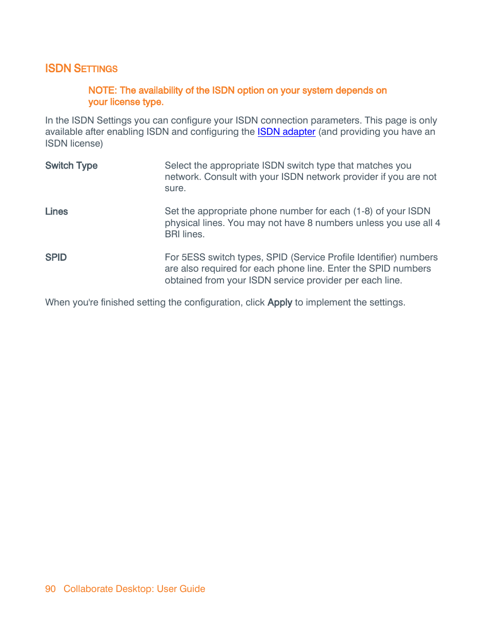 Isdn settings, Isdn | ClearOne Collaborate Desktop User Guide User Manual | Page 90 / 153