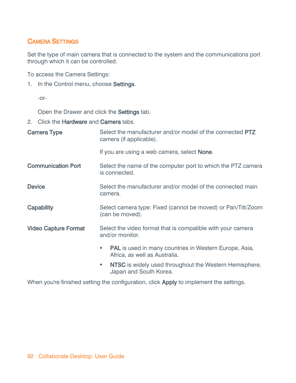 Camera settings, Camera | ClearOne Collaborate Desktop User Guide User Manual | Page 92 / 153