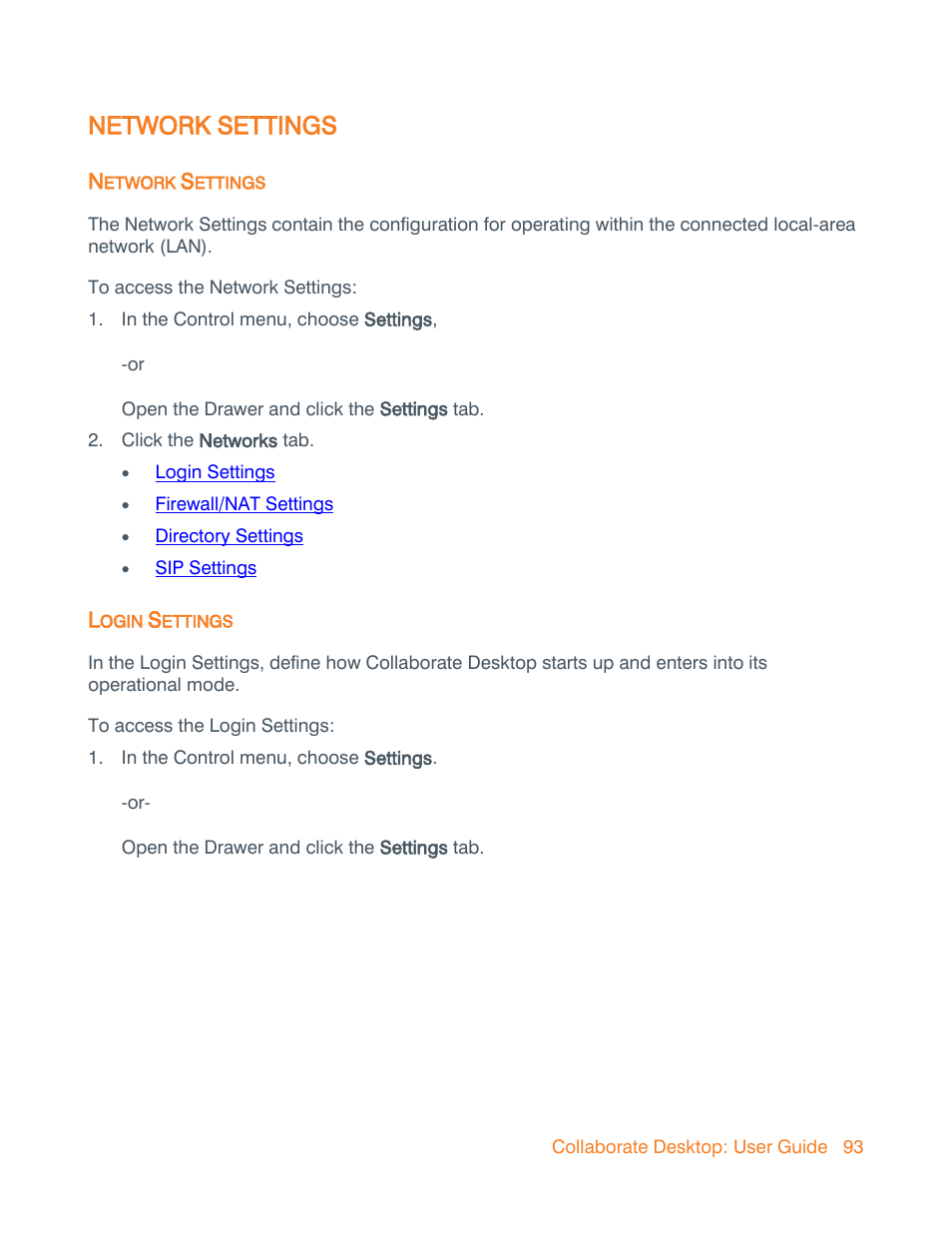 Network settings, Login settings | ClearOne Collaborate Desktop User Guide User Manual | Page 93 / 153